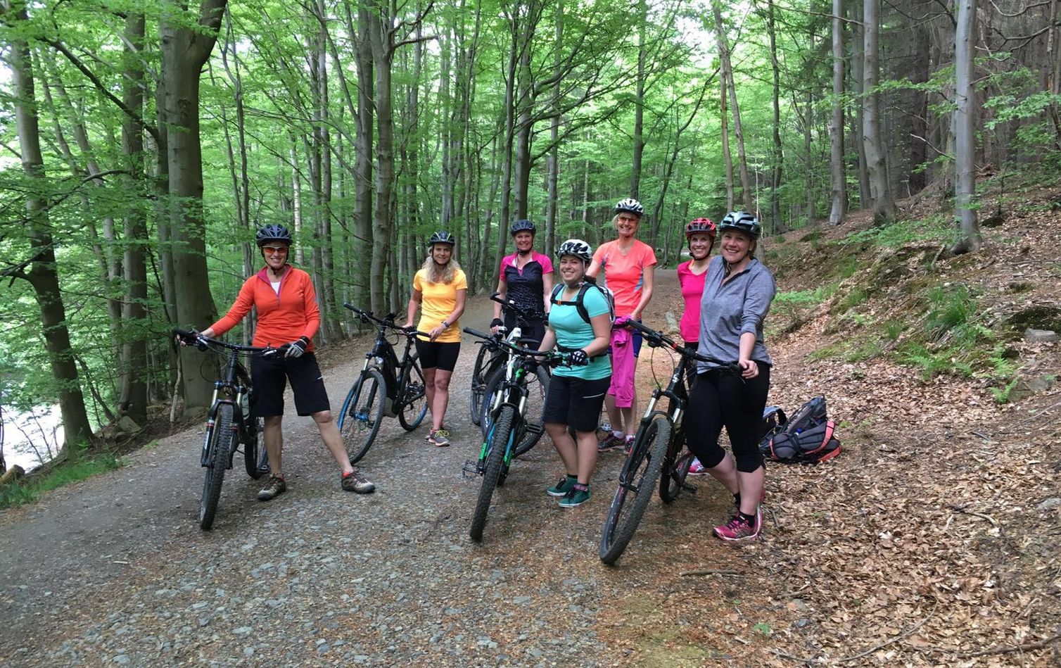 eine frauengruppe auf mountainbikes bei bad harzburg
