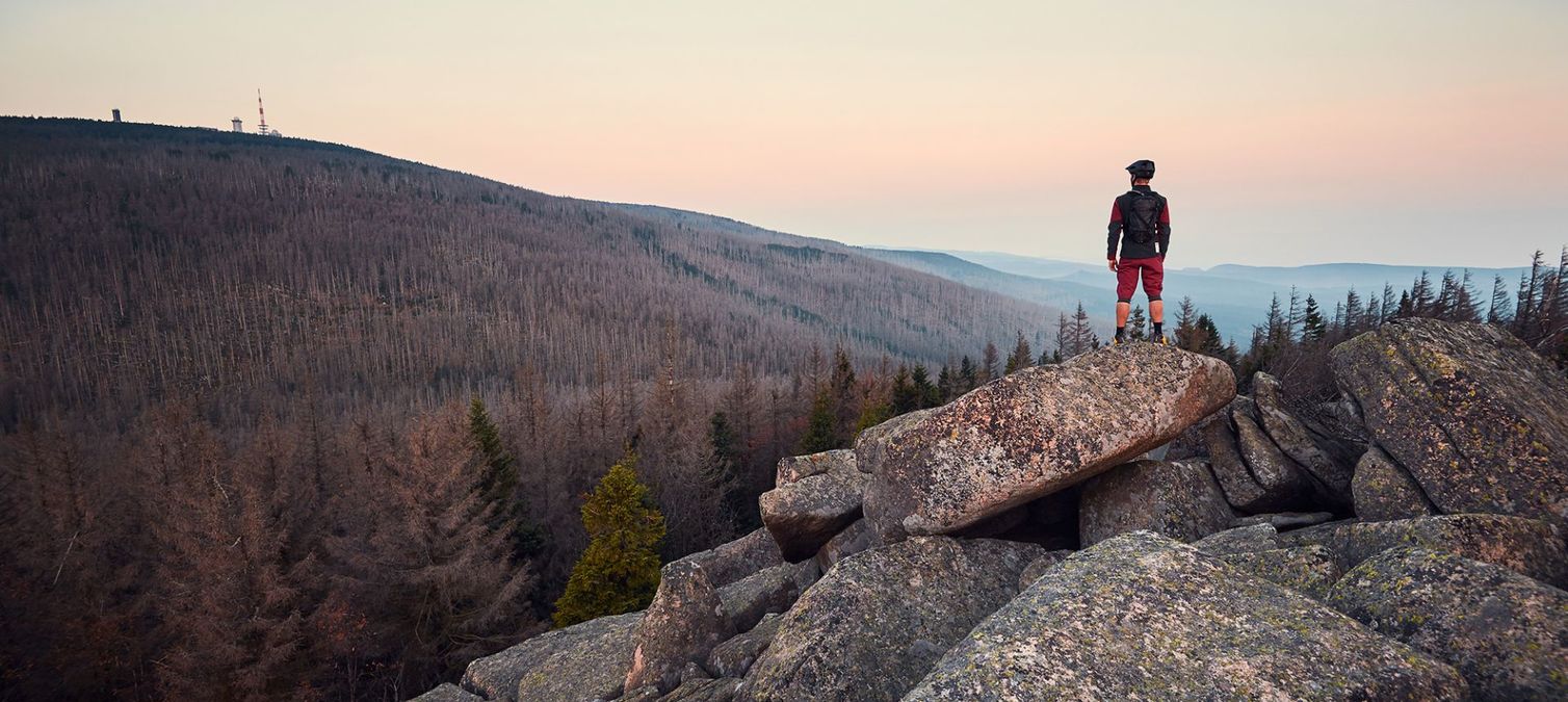 ein mountainbiker steht auf einer felsklippe