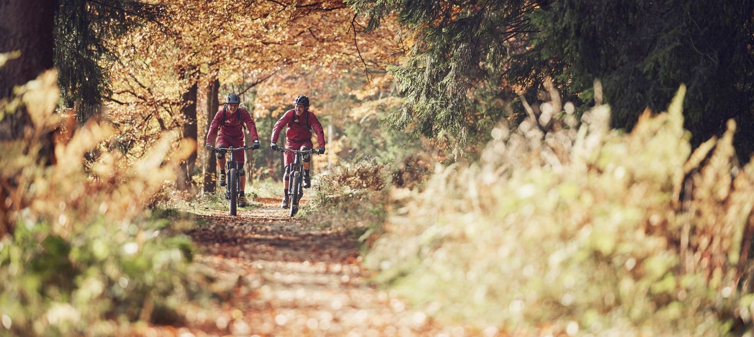 herbststimmung-am-dammgraben zwei mountainbiker fahren den dammgraben entlang