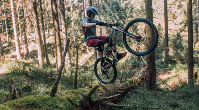 biker balanciert mit hinterrad auf auf baumstamm