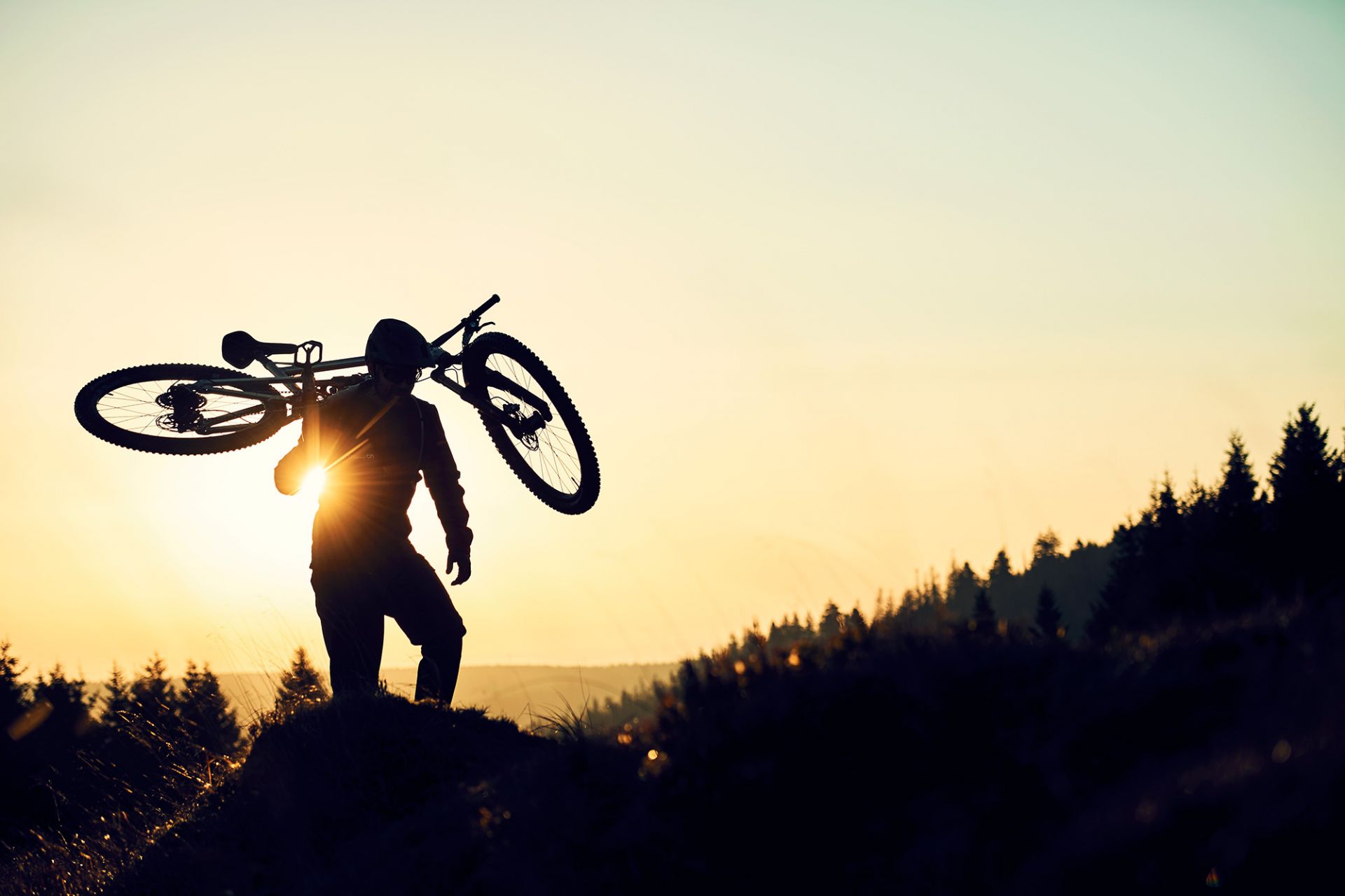 ein mountainbiker trägt sein bike